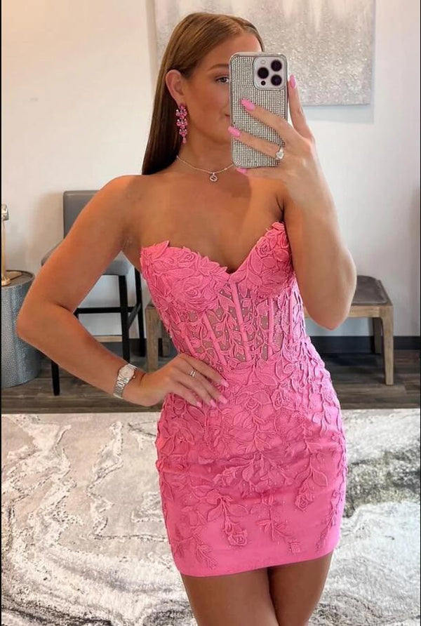 Pink Tight Short Homecoming Dress with Appliques Sexy