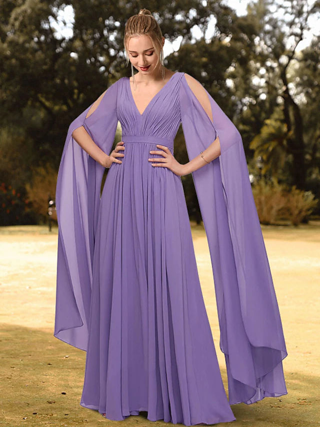 A-Line Evening Gown Empire Dress Wedding Guest Floor Length Long Sleeve V Neck Chiffon with Pleats