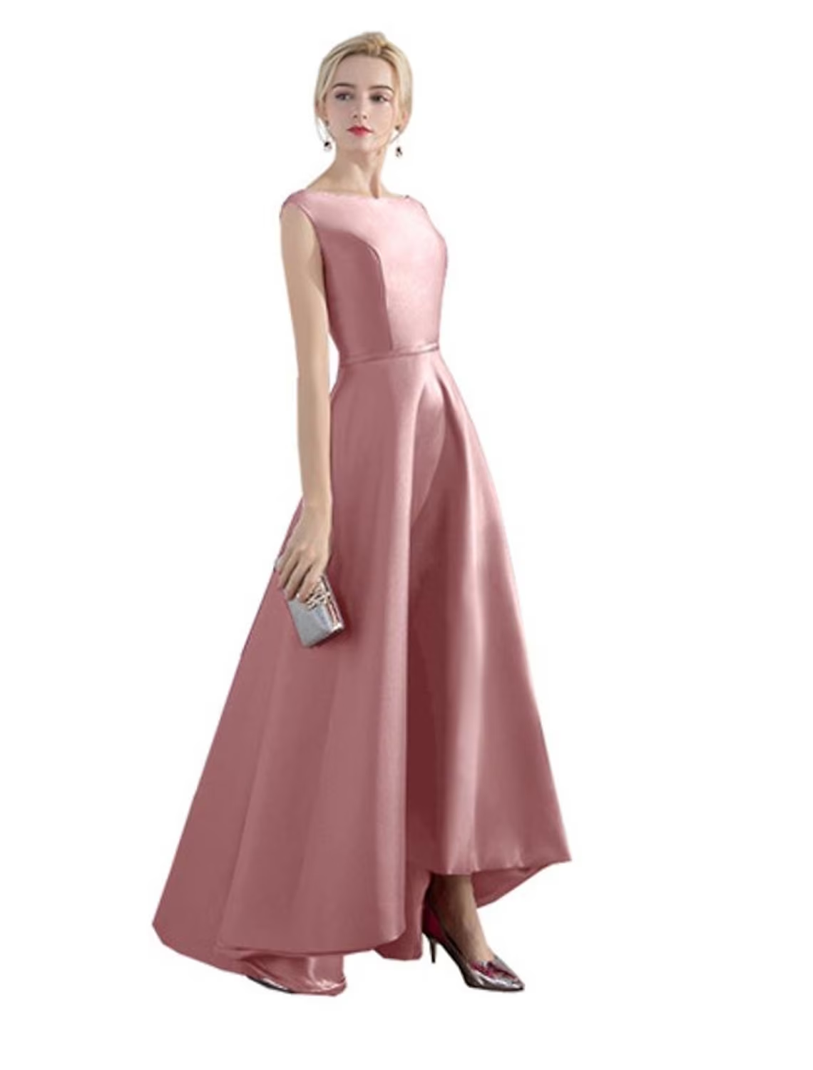 A-Line Evening Gown Elegant Minimalist Dress Party Wear Wedding Guest Asymmetrical Sleeveless Jewel Neck Satin