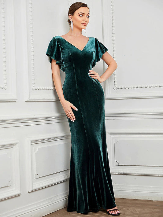 Mermaid / Trumpet Evening Gown Vintage Dress Formal Floor Length Short Sleeve V Neck Velvet V Back with Ruffles