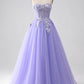 A-Line Strapless Tulle Long Prom Dress with Sleeves Off Shoulder With Flowers