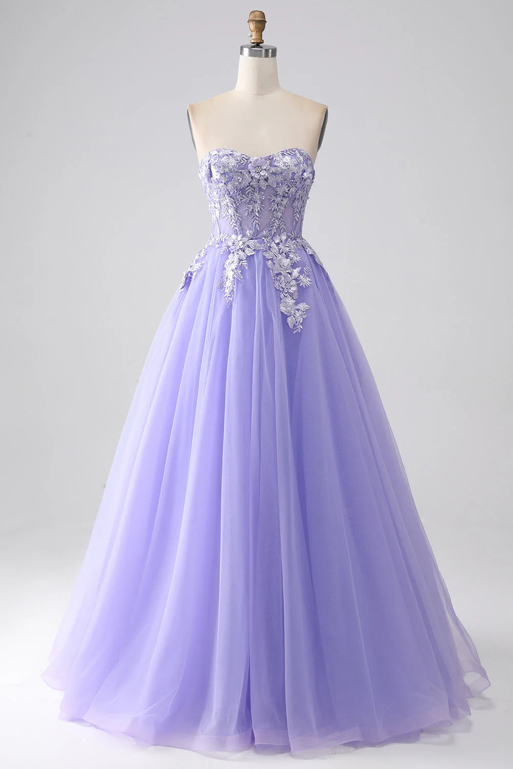 A-Line Strapless Tulle Long Prom Dress with Sleeves Off Shoulder With Flowers