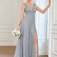 A-Line Evening Gown Elegant Dress Formal Floor Length Sleeveless V Neck Lace V Back with Slit