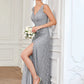 A-Line Evening Gown Elegant Dress Formal Floor Length Sleeveless V Neck Lace V Back with Slit