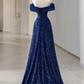 A-Line Evening Gown Sparkle & Shine Dress Formal Sweep / Brush Train Sleeveless Off Shoulder Sequined