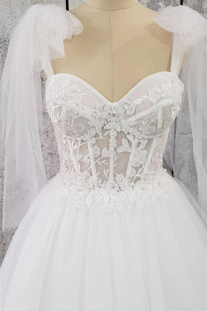 White Tulle Sweetheart Lace-Up A-Line Long Wedding Dress Long