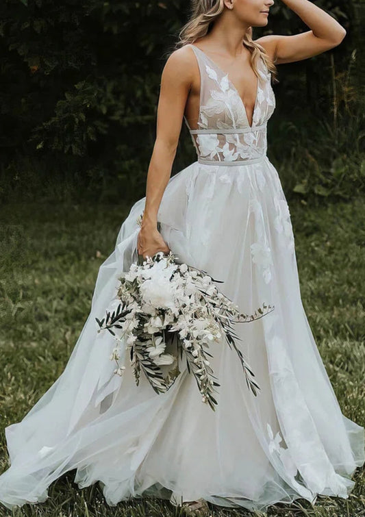 A-Line/Princess V-Neck Floor-Length Wedding Dress Sexy