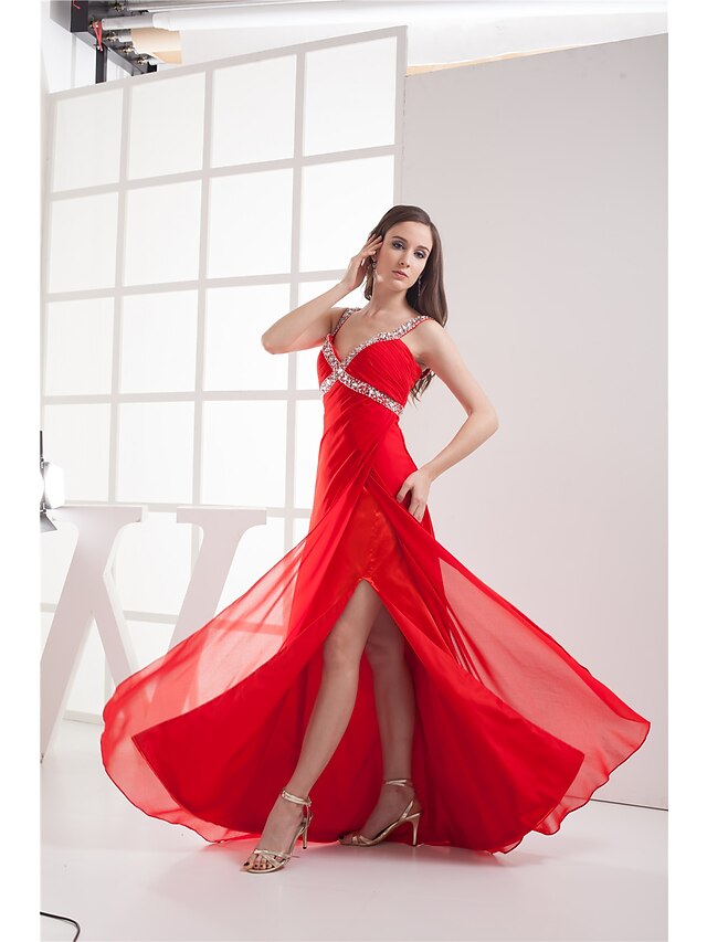 A-Line Evening Gown Elegant Dress Formal Evening Floor Length Sleeveless V Neck Chiffon with Ruched Beading