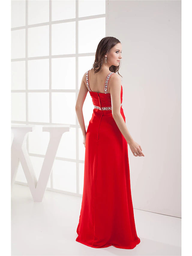 A-Line Evening Gown Elegant Dress Formal Evening Floor Length Sleeveless V Neck Chiffon with Ruched Beading