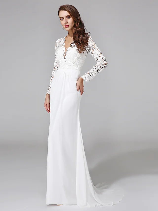 Wedding Dresses V NeckChiffon Floral Lace Long Sleeve Romantic Boho Illusion Sleeve with Lace