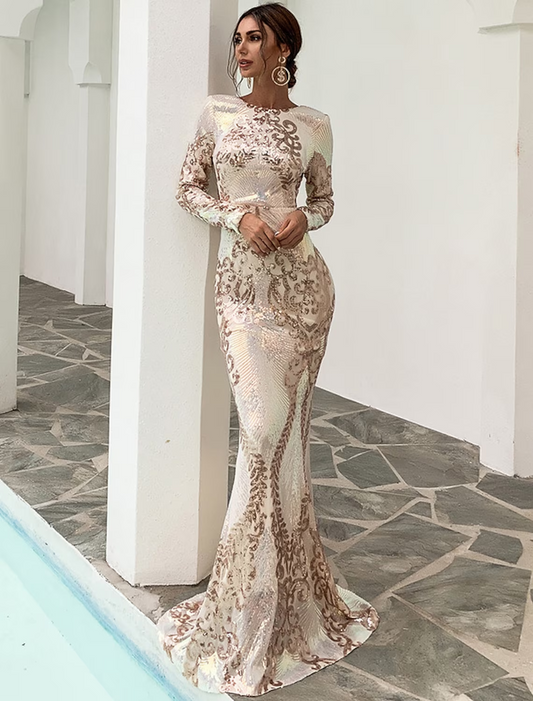 Mermaid / Trumpet Evening Gown Sexy Dress Formal Sweep / Brush Train Long Sleeve Jewel Neck Polyester Backless
