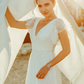 A-Line Wedding Dresses V Neck Floor Length Lace Short Sleeve Simple Casual Boho Illusion Detail Backless