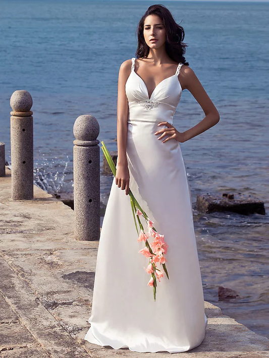 Wedding Dresses Sweetheart Neckline Stretch Satin Spaghetti Strap Open Back with