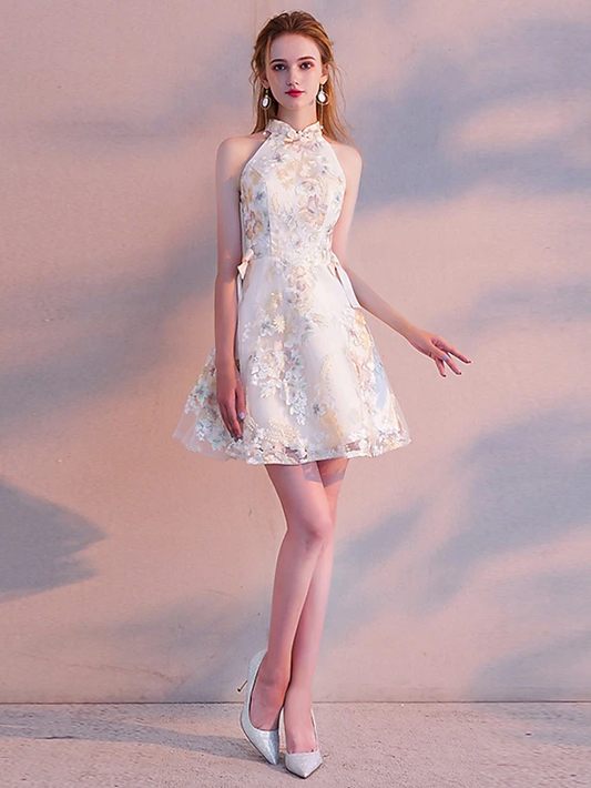 Two Piece A-Line Vintage Floral Party Wear Cocktail Party Dress High Neck Long Sleeve Short Mini Tulle with Sash Ribbon