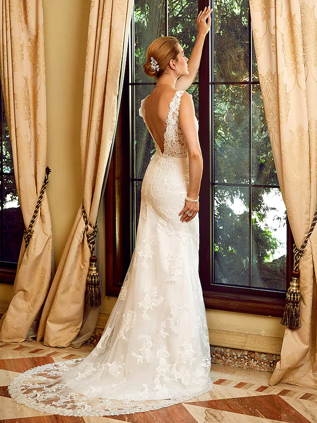 Wedding Dresses V Neck Chapel Train Lace Tulle Regular Straps See-Through