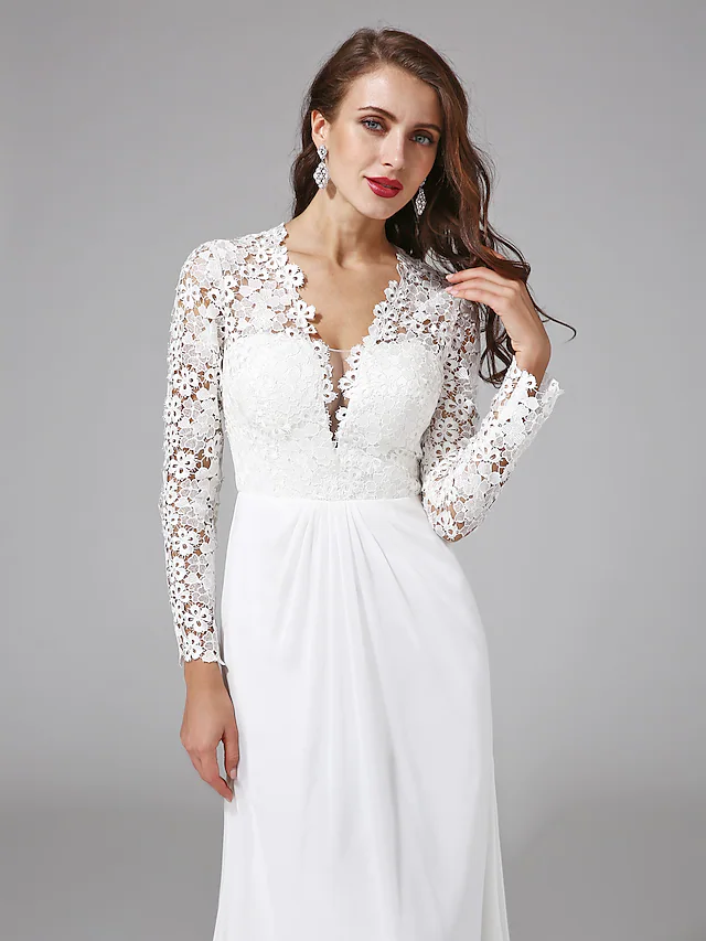 Wedding Dresses V NeckChiffon Floral Lace Long Sleeve Romantic Boho Illusion Sleeve with Lace