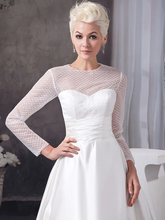 A-Line Wedding Dresses Jewel Neck Court Train Satin Tulle Length Sleeve Illusion Sleeve with