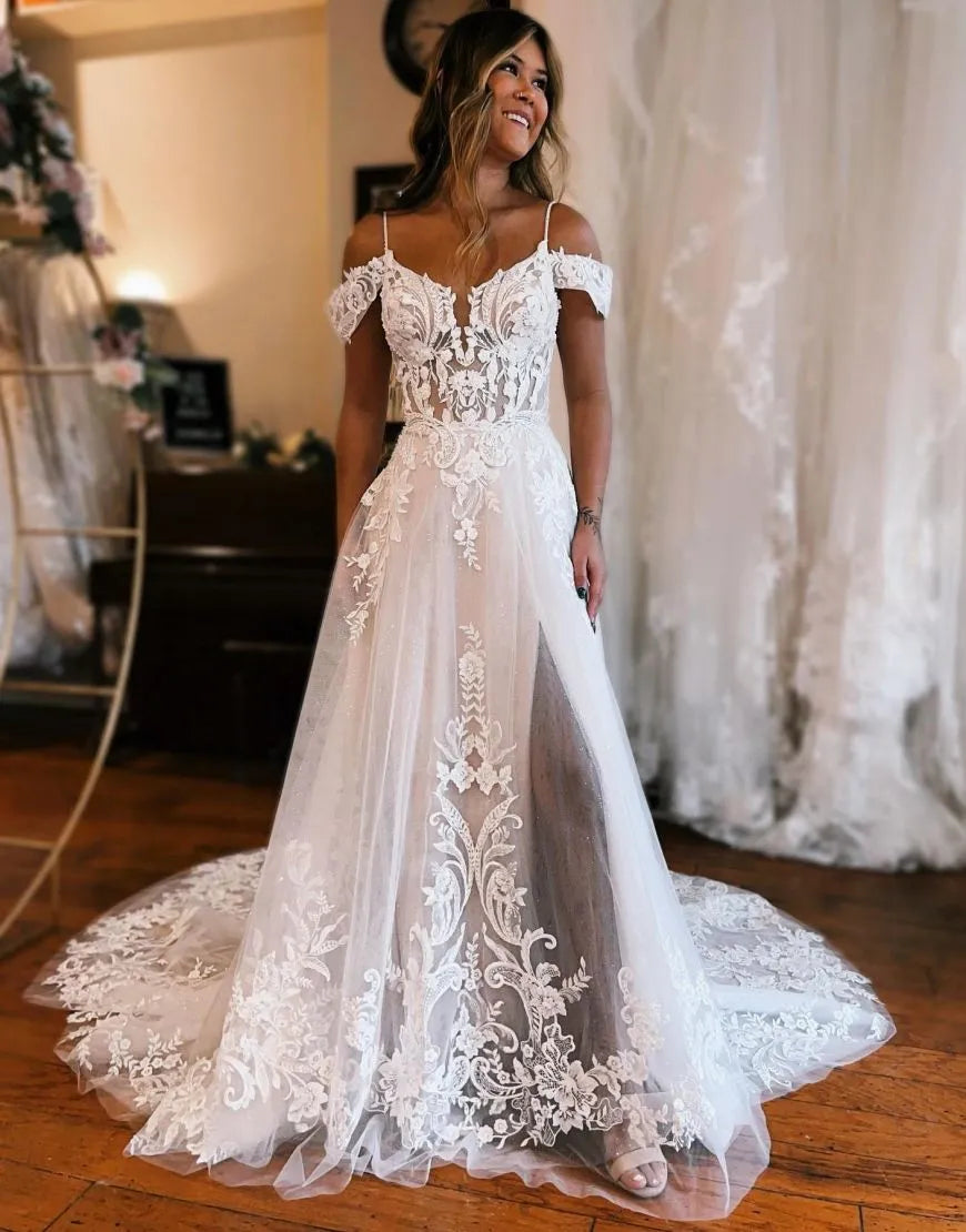 A Line Off The Wedding Dress With Appliques And Split Long Sexy