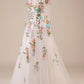 Xiaopinwu A Line Tulle Long Wedding Dress with Embroidery Charming Prom Dresses With Flower