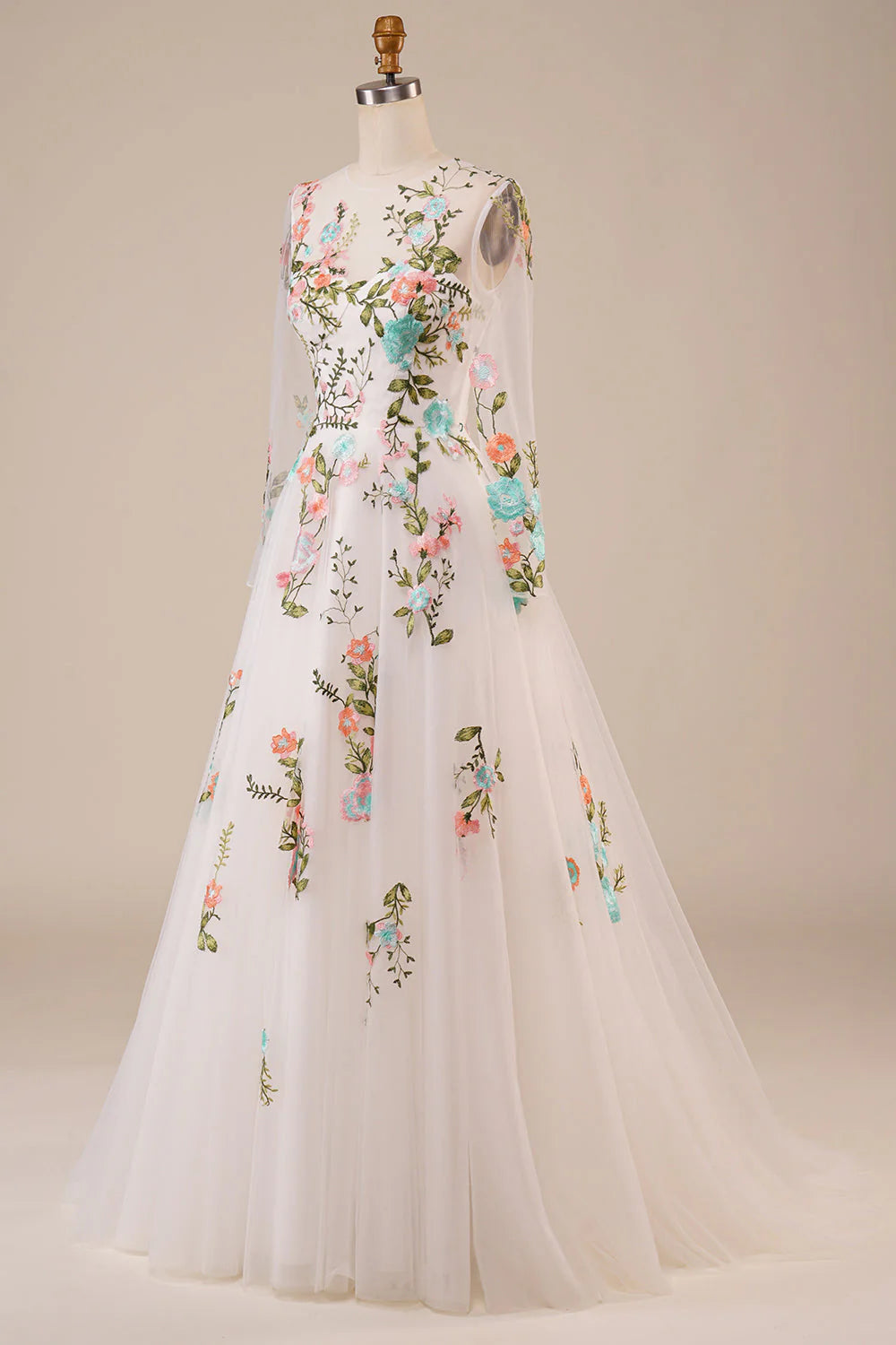 Xiaopinwu A Line Tulle Long Wedding Dress with Embroidery Charming Prom Dresses With Flower