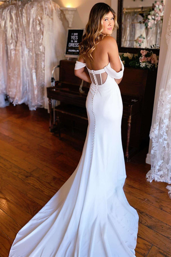 White Off-the-Shoulder Backless Mermaid Long Wedding Dress Sexy