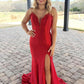 Red Mermaid Backless Prom Dresses Long Evening Dresses With Slit