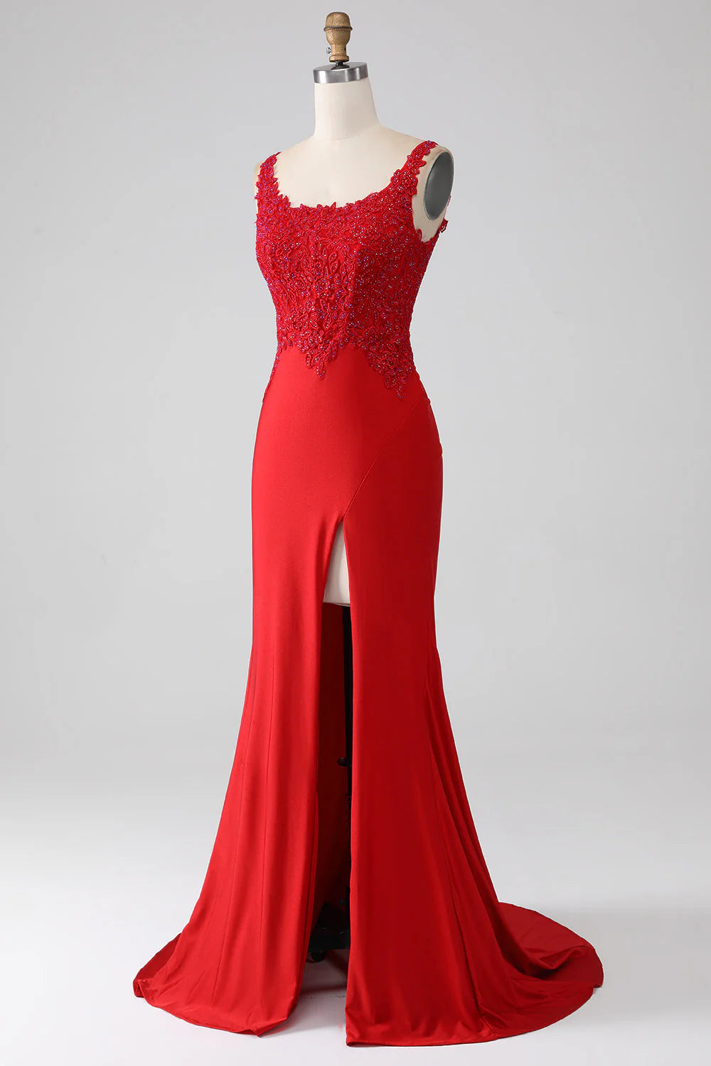 Beaded Long Prom Dress with Slit Pure Color Sexy