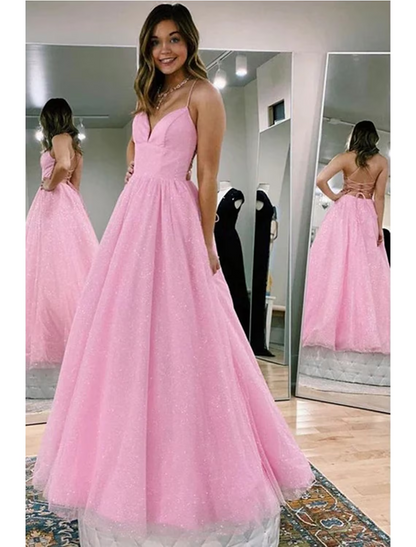 Ball Gown A-Line Prom Dresses Glittering Dress Formal Floor Length Sleeveless V Neck Tulle Backless