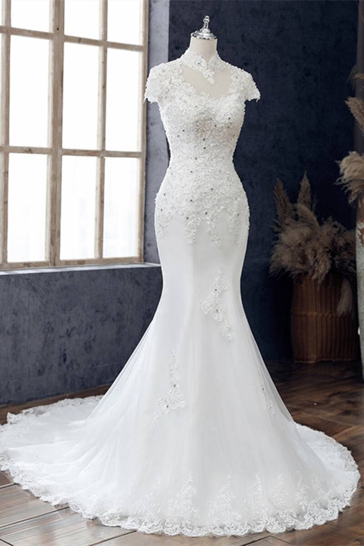 White Appliques High Collar Cutout Mermaid Wedding Dress Long