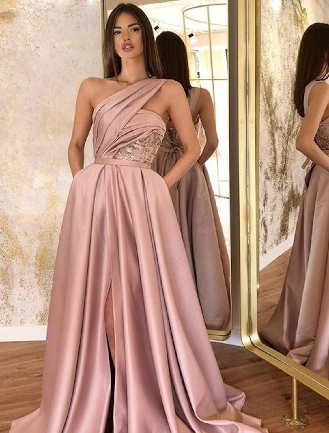 A-Line Evening Gown Celebrity Style Dress Formal Floor Length Sleeveless One Shoulder Satin with Ruched