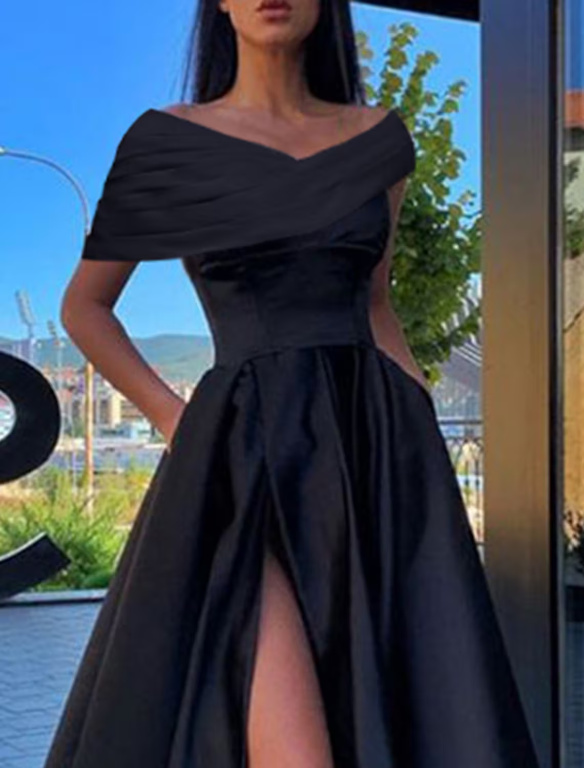 A-Line Prom Dresses Little Black Dress Dress Formal Floor Length Short Sleeve Off Shoulder Satin