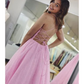 Ball Gown A-Line Prom Dresses Glittering Dress Formal Floor Length Sleeveless V Neck Tulle Backless