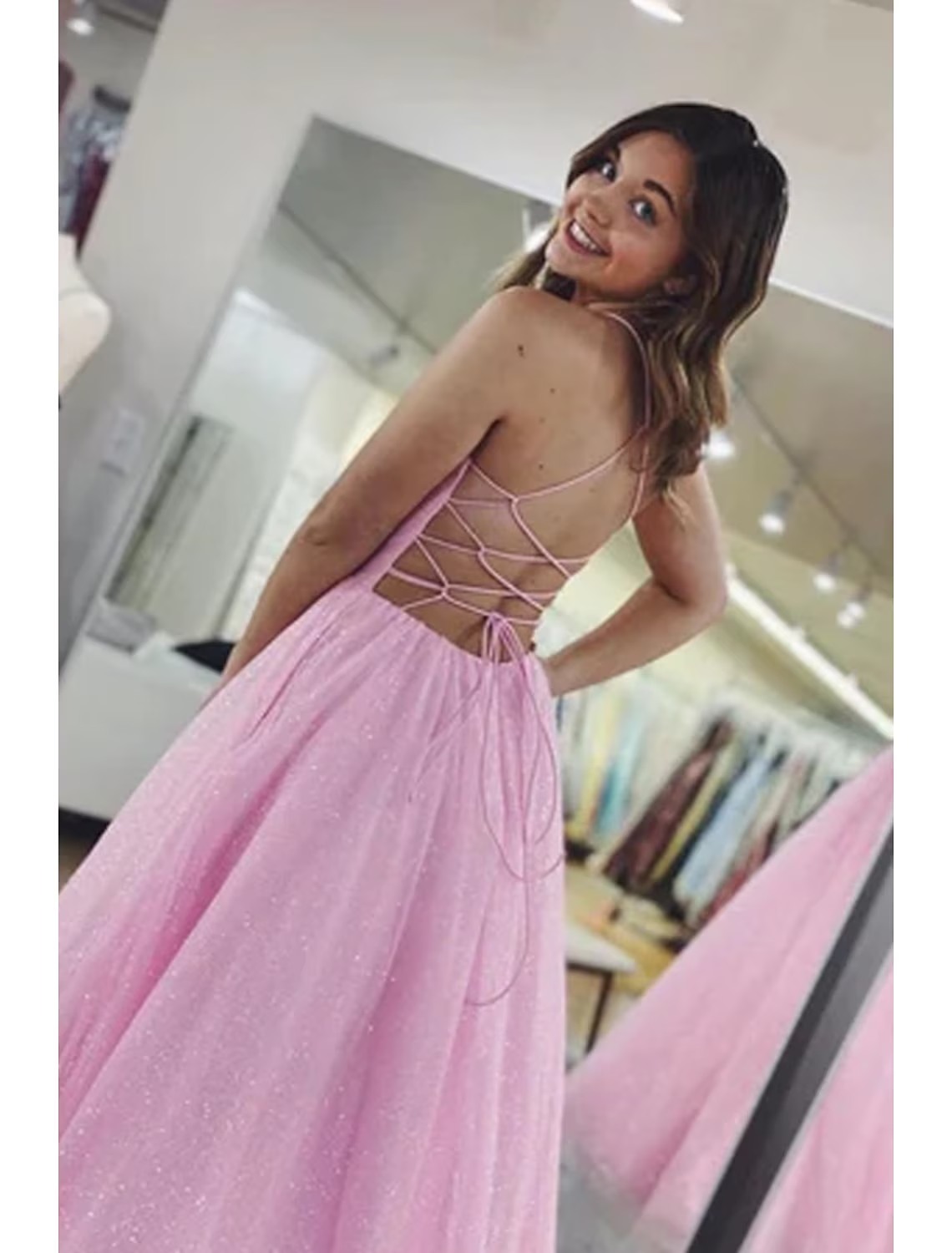 Ball Gown A-Line Prom Dresses Glittering Dress Formal Floor Length Sleeveless V Neck Tulle Backless