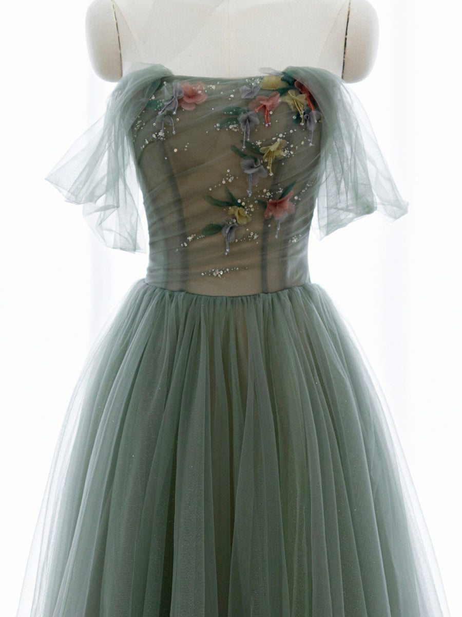 A-Line Green Tulle Long Prom Dress Off the Shoulder Evening Party Dress Sexy