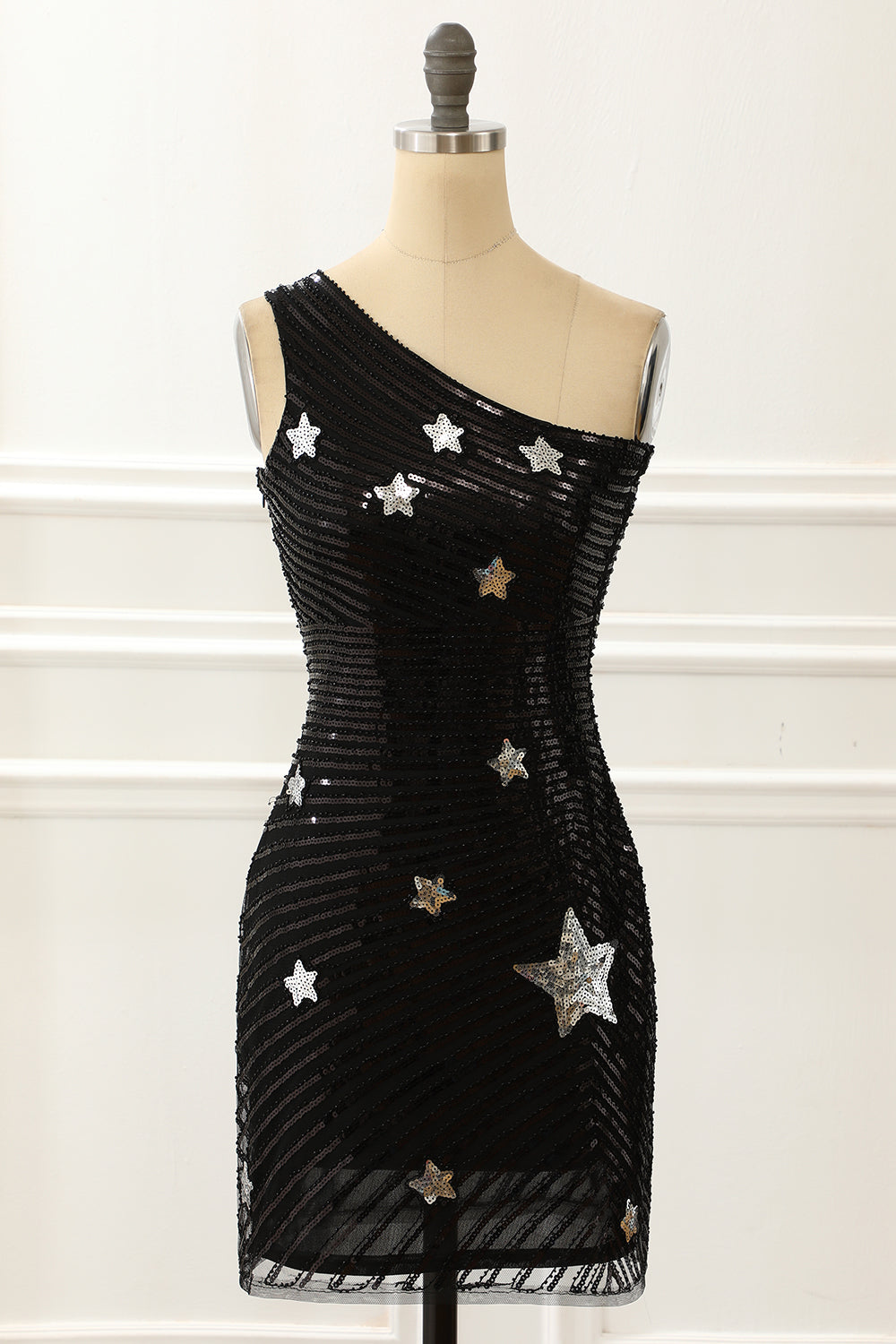 Black One Shoulder Sequin Cocktail Dress With Stars Short Sexy