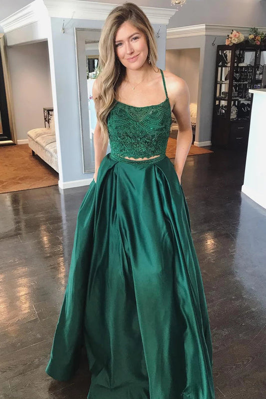 Straps Two Piece Satin & Lace With Beads A Line Prom Dresses Sexy Evening Dresses