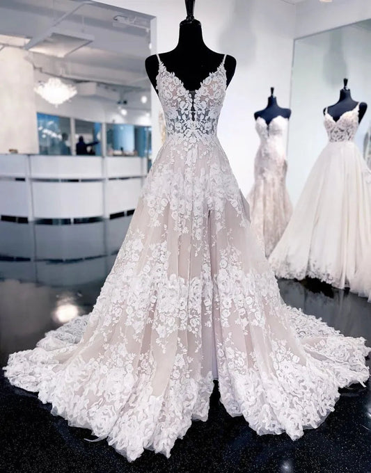 A-Line Spaghetti Straps Train Wedding Dress With Appliques V-neck Sexy
