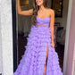 A Line Strapless Keyhole Tulle Print Ruffle Tiered Prom Dress Off Shoulder Floor Length