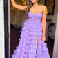 A Line Strapless Keyhole Tulle Print Ruffle Tiered Prom Dress Off Shoulder Floor Length