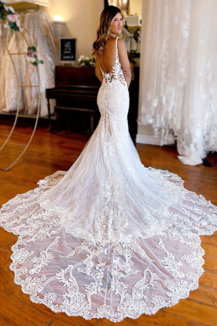 White Lace Plunge V Backless Trumpet Long Wedding Dress Sexy