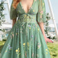 A-Line/Princess V-Neck Short Sleeves Floral Long Formal Prom Dresses With Flowers Sexy