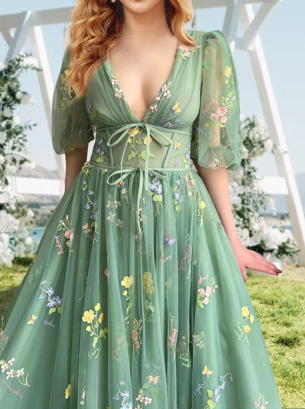 A-Line/Princess V-Neck Short Sleeves Floral Long Formal Prom Dresses With Flowers Sexy