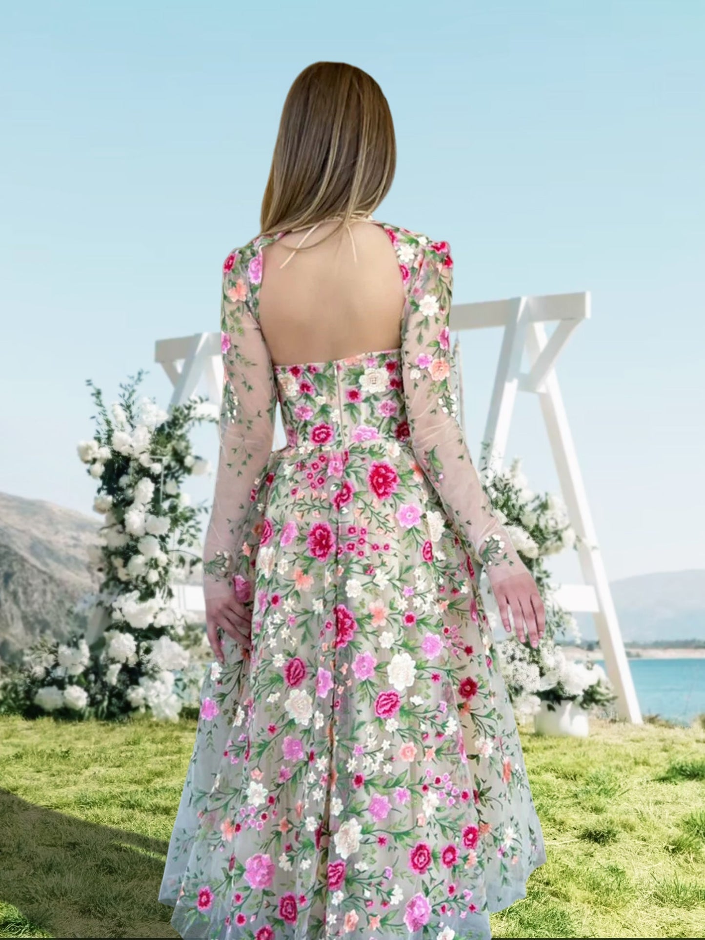 A-Line/Princess Off Shoulder Long Formal Prom Floral Dresses With Flowers