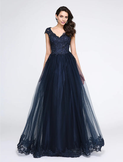 A-Line Little Black Prom Dress Wedding Guest Floor Length Sleeveless V Neck Tulle