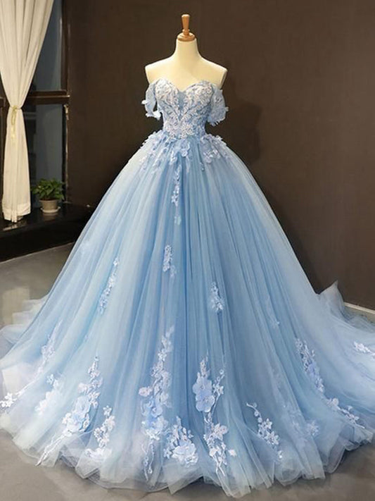 Women's Ball Gown Tulle Lace Sweetheart Sweep/Brush Train Long Prom Dresses Sky Blue