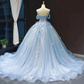 Women's Ball Gown Tulle Lace Sweetheart Sweep/Brush Train Long Prom Dresses Sky Blue