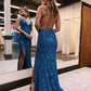Sequin Open Back Long Glitter Prom Dress With Split V-neck Sparkly