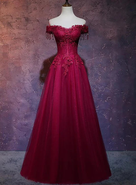 Beautiful Wine Red Tulle Sweetheart Long Prom Dress A-line Party Dress Elegant Evening Dress