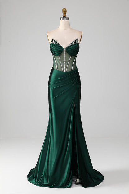 Mermaid Sweetheart Dark Green Corset Prom Dress with Split Front Sexy Evening Dresses