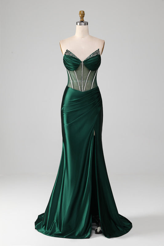Mermaid Sweetheart Dark Green Corset Prom Dress with Split Front Sexy Evening Dresses
